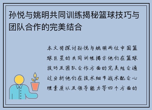 孙悦与姚明共同训练揭秘篮球技巧与团队合作的完美结合