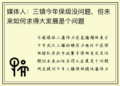 媒体人：三镇今年保级没问题，但未来如何求得大发展是个问题